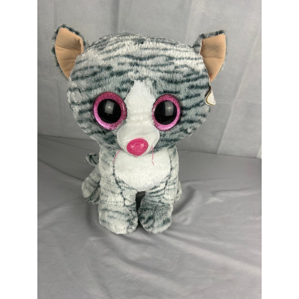 Ty Beanie Boos Kiki Grey Tabby Cat Plush Medium Pink Glitter Eyes Striped 16 in